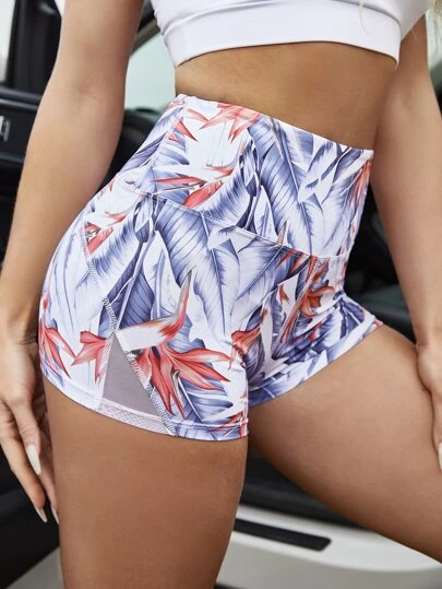 Tropical Print Mesh Insert Sports Shorts