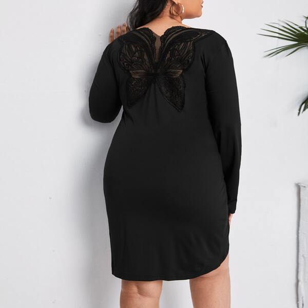 

Plus Contrast Lace Fitted Dress, Black
