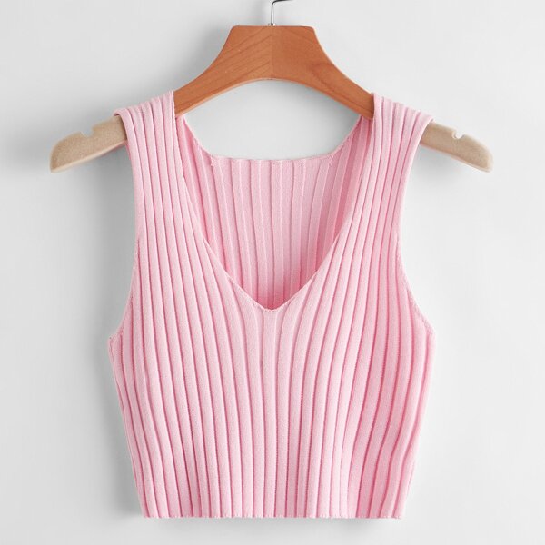 

V Neck Rib-knit Crop Top, Baby pink