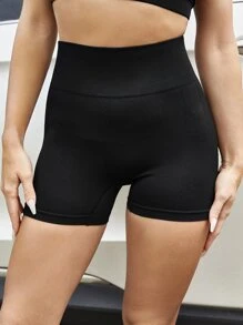 Yoga Basic Solid Wide Waistband Sports Shorts - Black - View 2