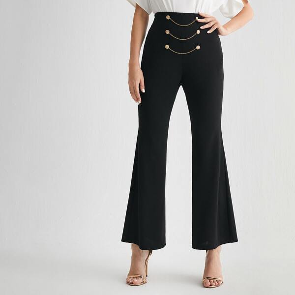 

Double Button Chain Detail Flare Leg Pants, Black