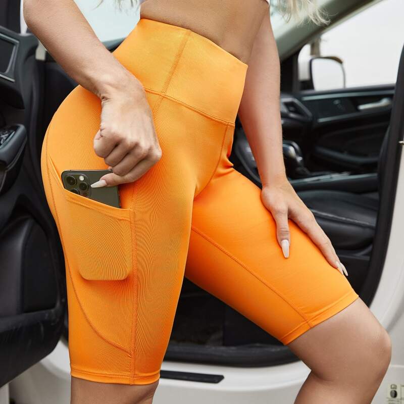 

Wide Band Waist Sports Shorts With Phone Pocket, Orange
