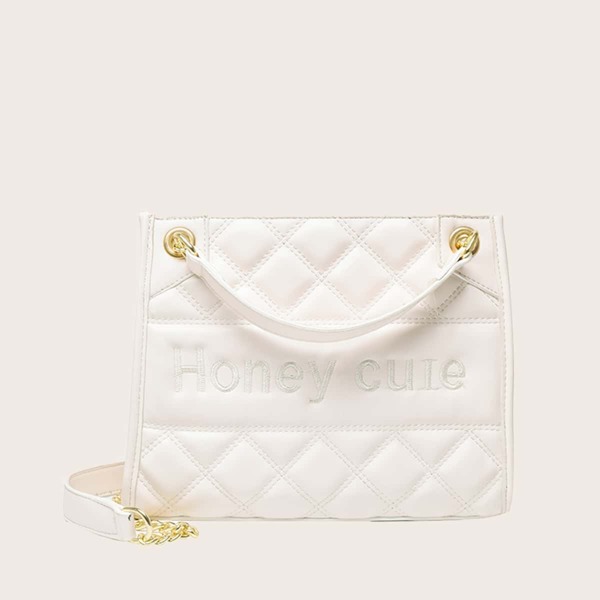 

Letter Embroidered Quilted Chain Shoulder Bag, Beige
