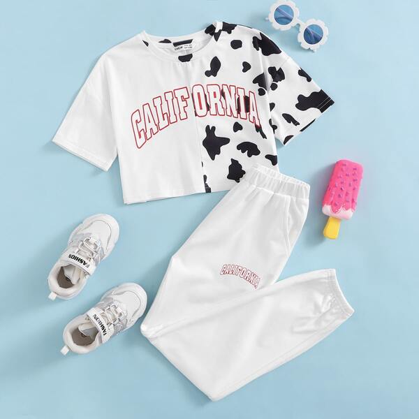 

Girls Cow & Letter Graphic Top & Joggers Set, White