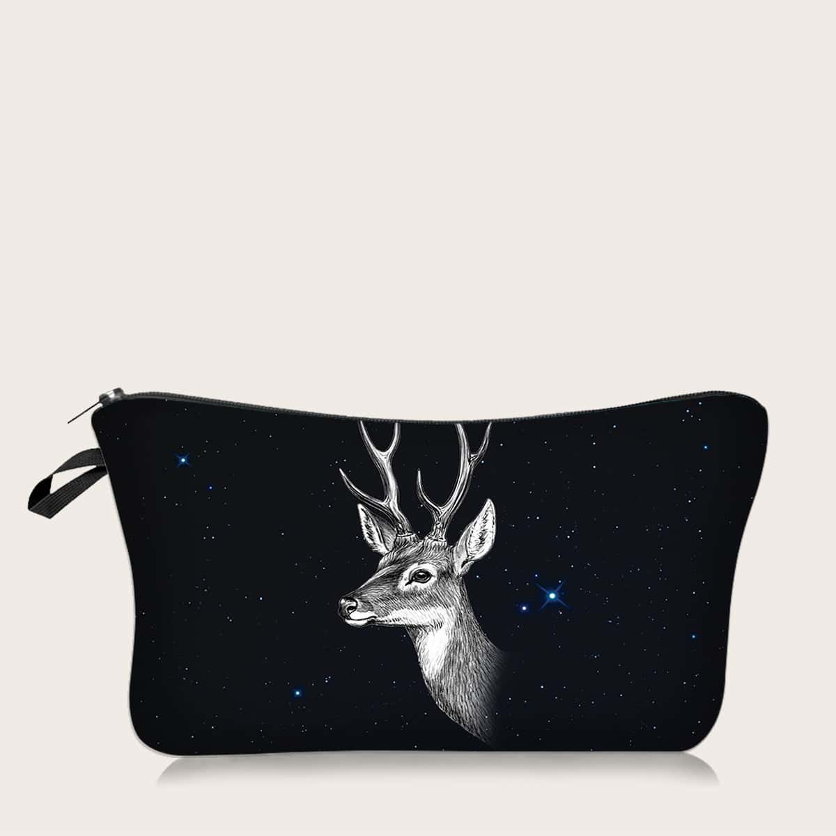 

Deer Pattern Zipper Makeup Bag, Black