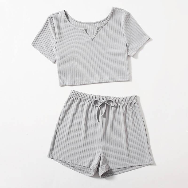 

V Cut Ribbed Pajama Set, Light grey