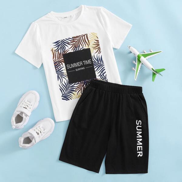 

Boys Plants & Letter Graphic Tee And Shorts Set, Black and white