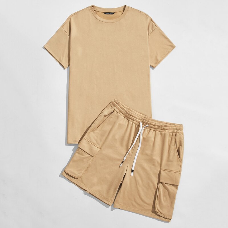 

Guys Drop Shoulder Solid Top & Drawstring Waist Flap Pocket Shorts Set, Khaki