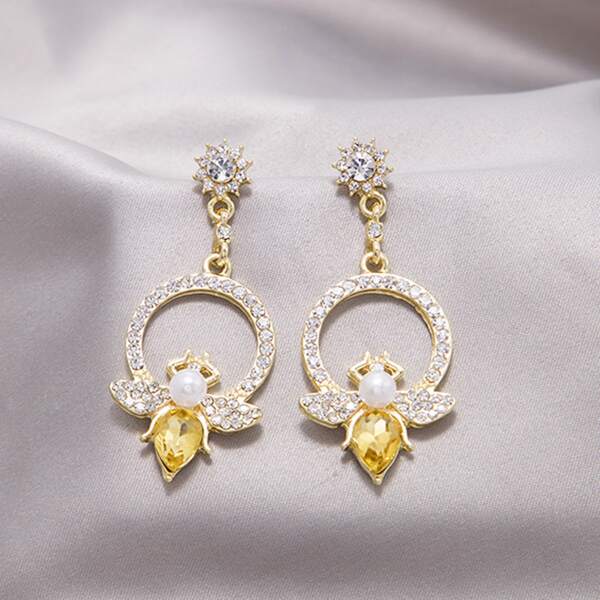 

Rhinestone Bee Decor Drop Earrings, Gold