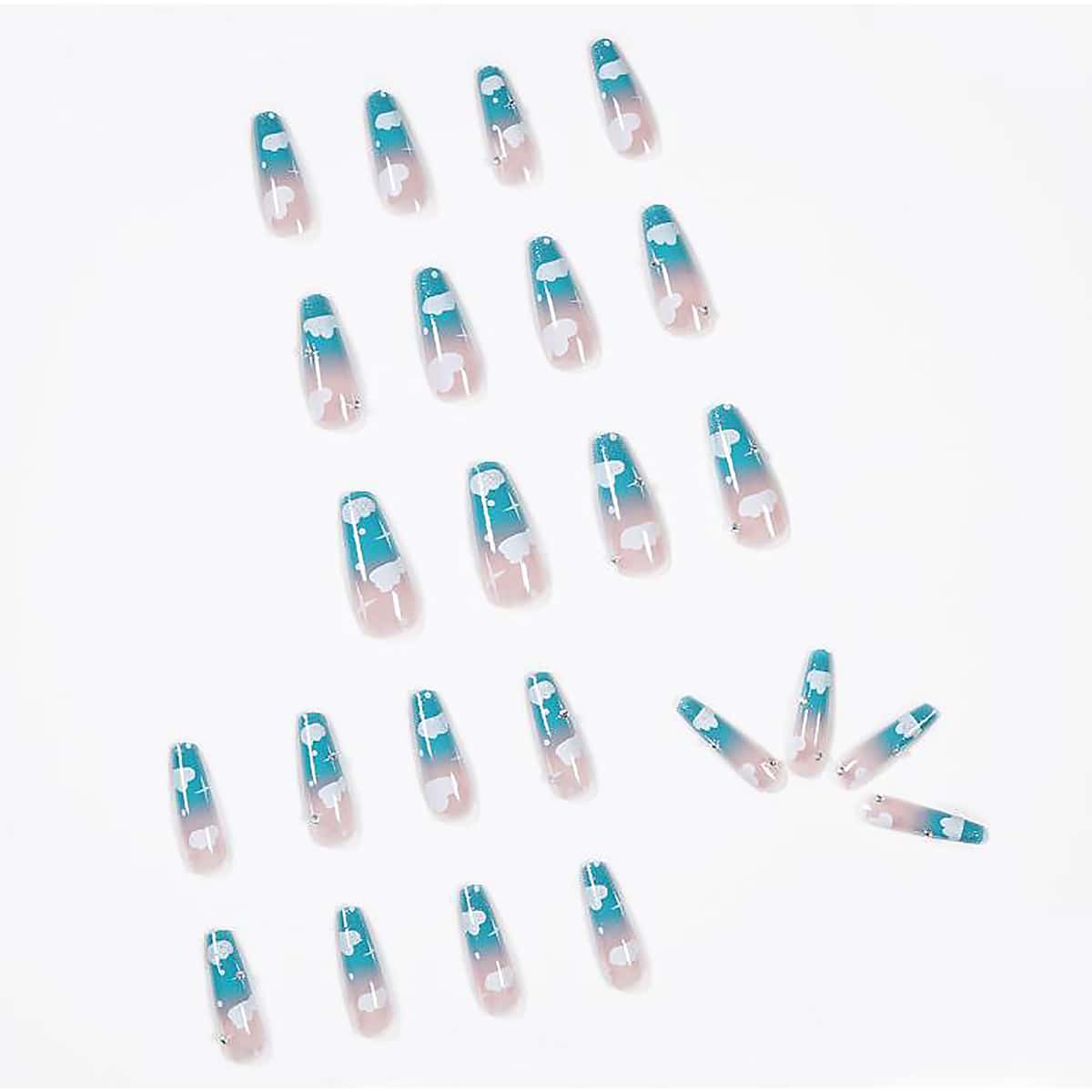 

24pcs Cloud Print Ombre Fake Nail, Blue