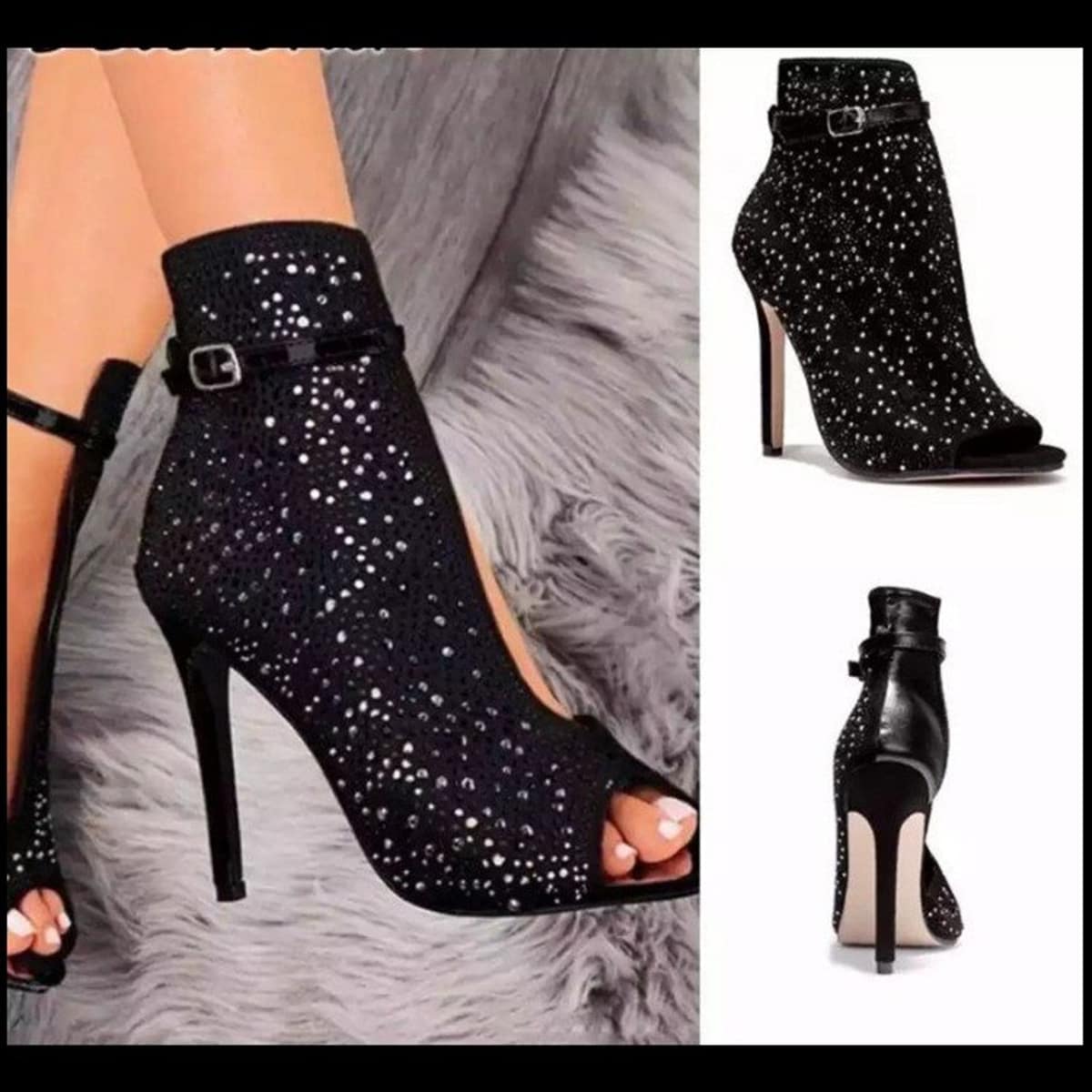 

Rhinestone Stiletto Heeled Sandal Boots, Black