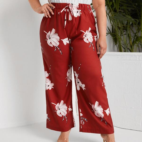

Plus Floral Knot Front Wide Leg Pants, Burgundy