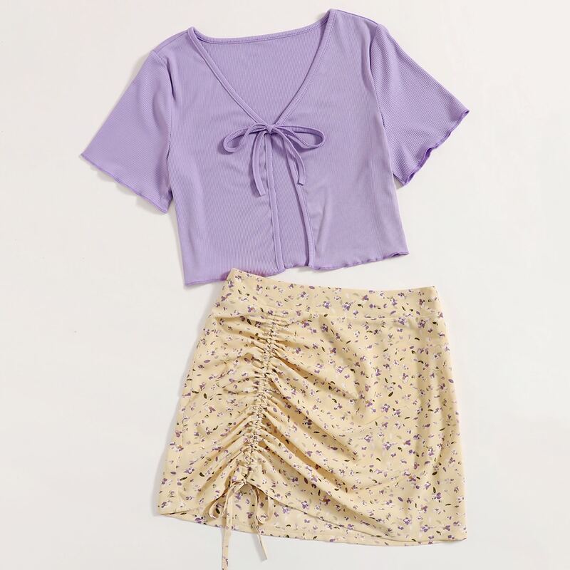 

Solid Tie Front Top & Ditsy Floral Drawstring Skirt, Multicolor
