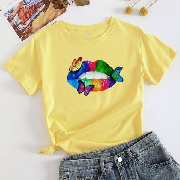 

Mouth And Butterfly Print Tee, Yellow