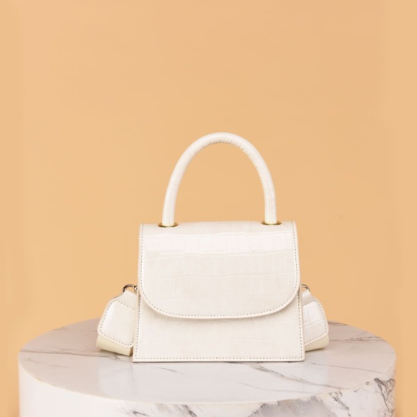 

Croc Embossed Top Handle Satchel Bag, White
