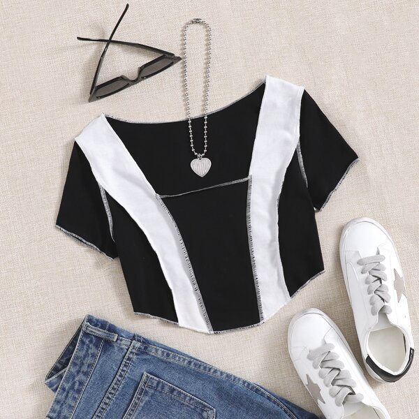 

Contrast Stitch Colorblock Crop Tee, Black and white