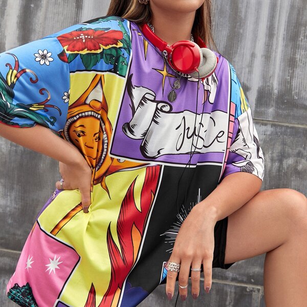 

Color Block Graphic Print Oversized Tee, Multicolor