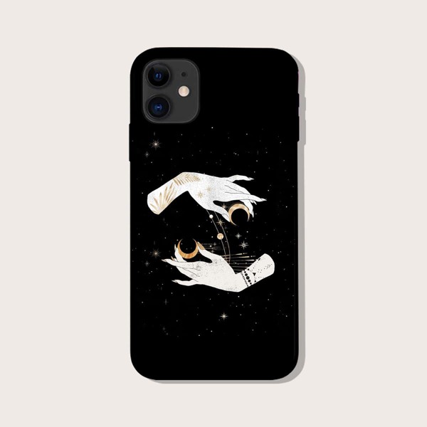 

Moon & Hand Print Phone Case, Black and white