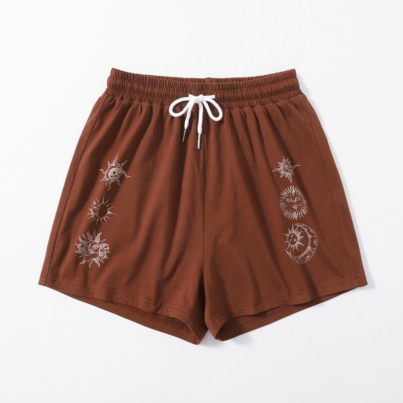 

Sun & Moon Graphic Drawstring Shorts, Rust brown