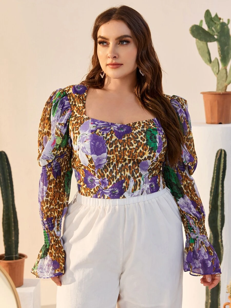 Mulvari Plus Bell Sleeve Shirred Panel Leopard & Floral Top - Multicolor - View 1