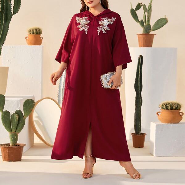 

Plus Floral Applique Hooded Dress, Burgundy