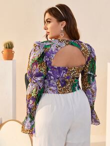Mulvari Plus Bell Sleeve Shirred Panel Leopard & Floral Top - Multicolor - View 2