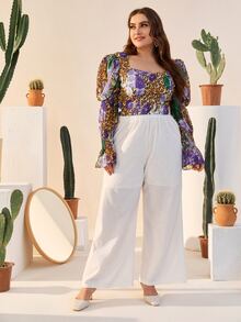 Mulvari Plus Bell Sleeve Shirred Panel Leopard & Floral Top - Multicolor - View 4