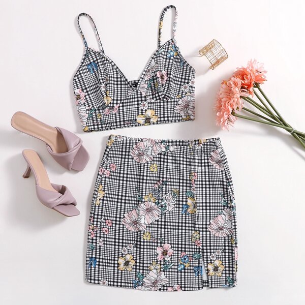 

Floral & Plaid Cami Top And Slit Hem Skirt Set, Multicolor