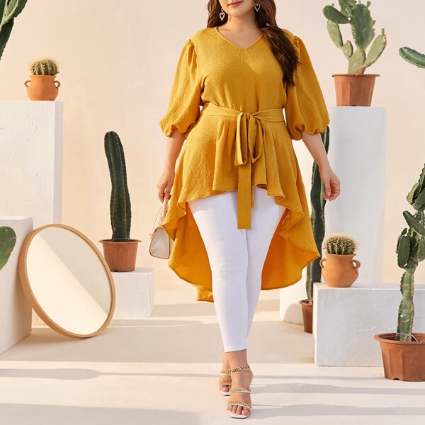 

Plus Lantern Sleeve Belted High Low Hem Top, Mustard yellow