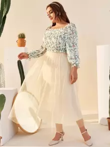 SHEIN 大碼打褶小碎花上衣和提花網紗半身裙套裝 - 彩色 - 查看 1