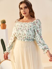 SHEIN 大碼打褶小碎花上衣和提花網紗半身裙套裝 - 彩色 - 查看 4