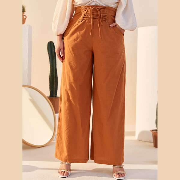 

Plus Lace Up Waist Wide Leg Pants, Burnt orange
