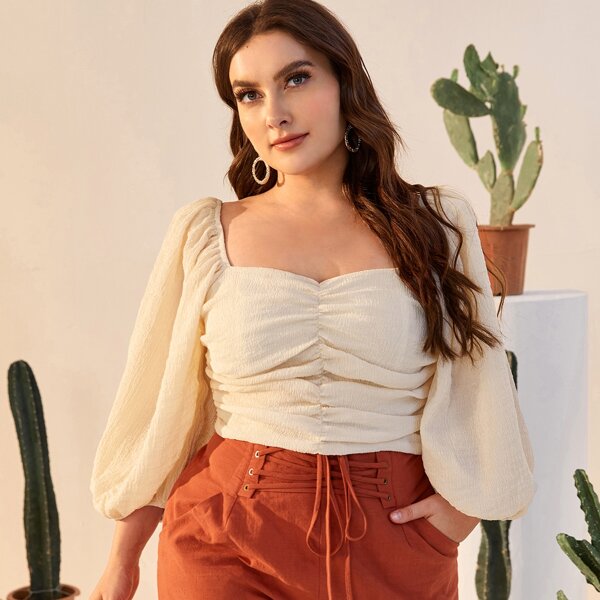 

Plus Lantern Sleeve Ruched Top, Apricot