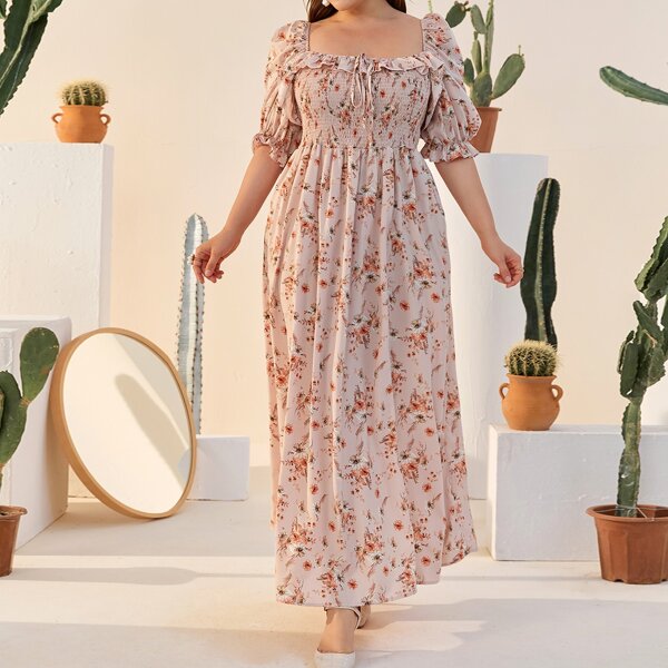 

Plus Puff Sleeve Shirred Bodice Floral Dress, Dusty pink