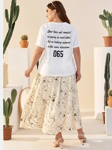 SHEIN Plus Slogan and Number Print Top & Floral Skirt Set - Multicolor - View 2