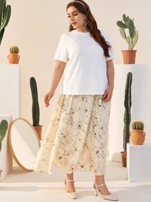 SHEIN Plus Slogan and Number Print Top & Floral Skirt Set - Multicolor - View 3