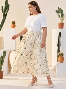 SHEIN Plus Slogan and Number Print Top & Floral Skirt Set - Multicolor - View 4