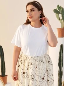 SHEIN Plus Slogan and Number Print Top & Floral Skirt Set - Multicolor - View 5