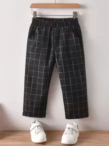 小男童格紋圖案彈性腰身褲子 - 黑色 - 查看 1