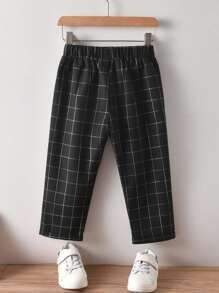 小男童格紋圖案彈性腰身褲子 - 黑色 - 查看 2