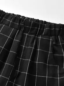 小男童格紋圖案彈性腰身褲子 - 黑色 - 查看 3