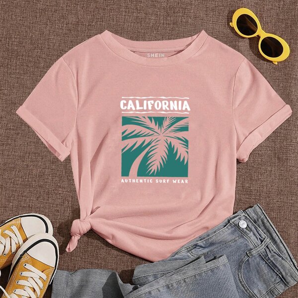 

Tropical & Letter Graphic Tee, Dusty pink