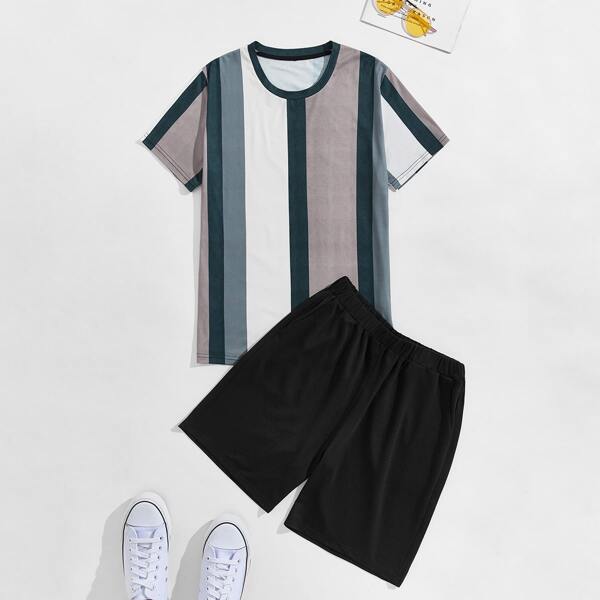 

Men Striped Tee & Track Shorts, Multicolor