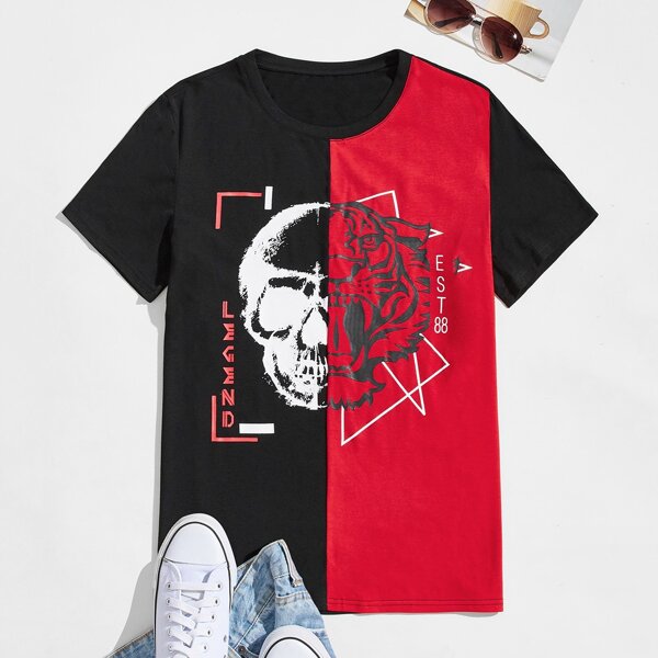 

Men Colorblock Skull Print Tee, Multicolor