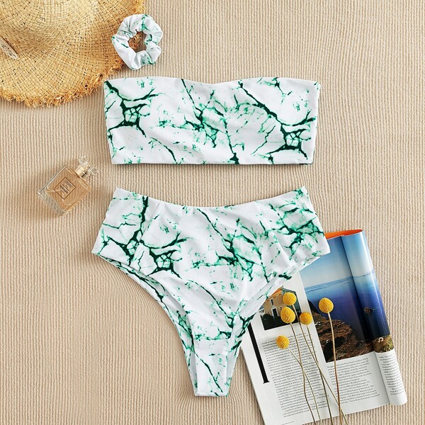 

3pack Random Marble Print Bandeau Bikini Swimsuit & Scrunchie, Multicolor