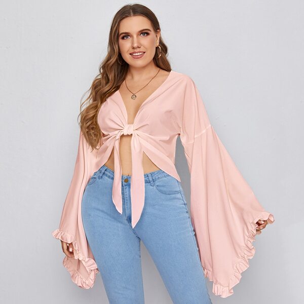 

Plus Ruffle Bell Sleeve Tie Front Top, Pink