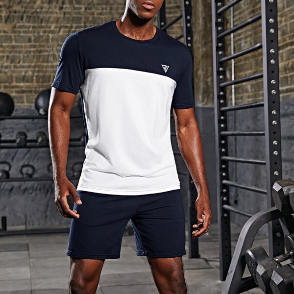 

Men Graphic Print Colorblock Top & Shorts Set, Blue and white