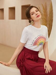 SHEIN Slogan and Graphic Print Top - White - View 3