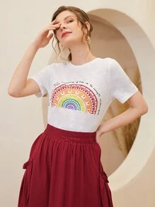 SHEIN Slogan and Graphic Print Top - White - View 1