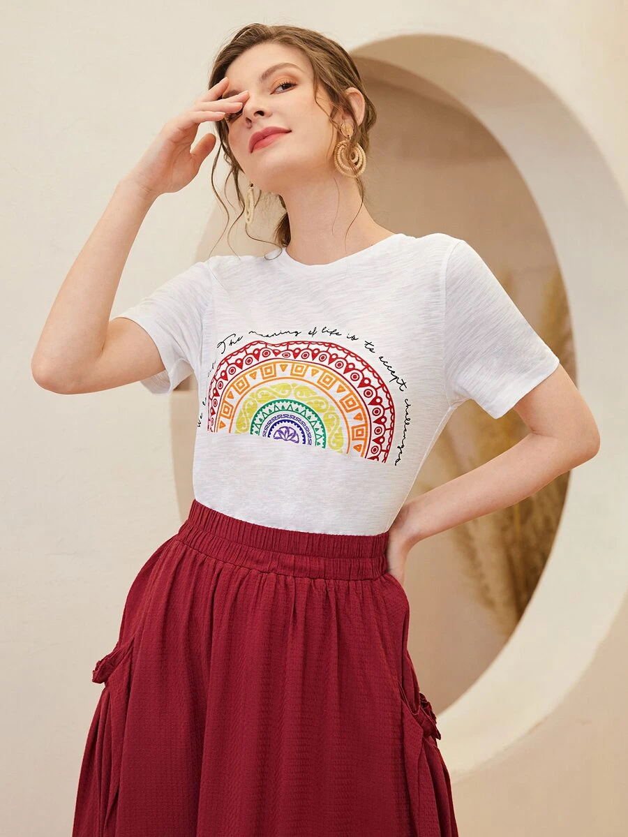SHEIN Slogan and Graphic Print Top - White - View 1